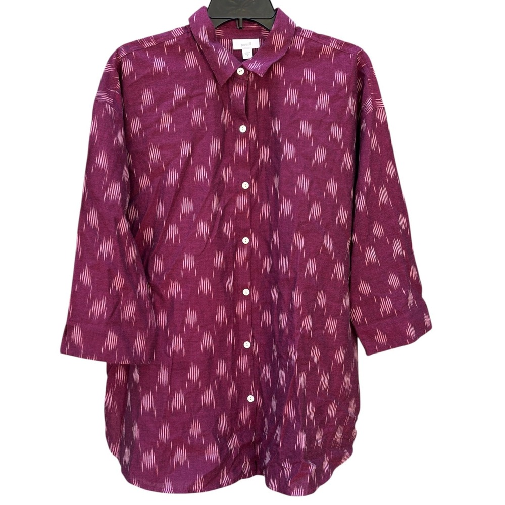 Pure Jill Womens Small Tunic Shirt Purple Ikat 100% Cotton Relaxed Fit Lagenlook